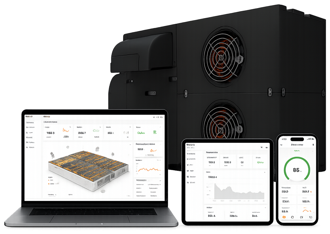 ESA-3000 heat recovery ventilation unit with the ESA monitoring app on laptop, tablet and phone